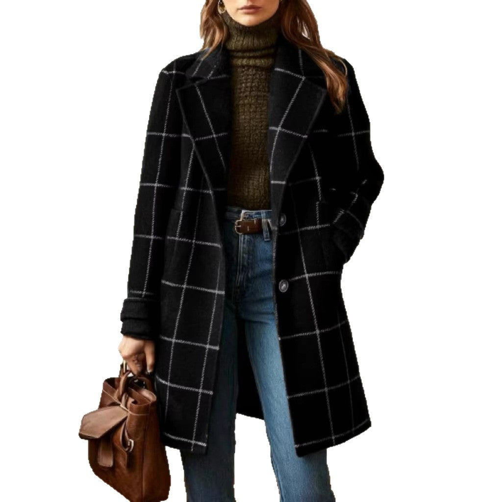 Women's Stylish Wool Coat with Check Pattern