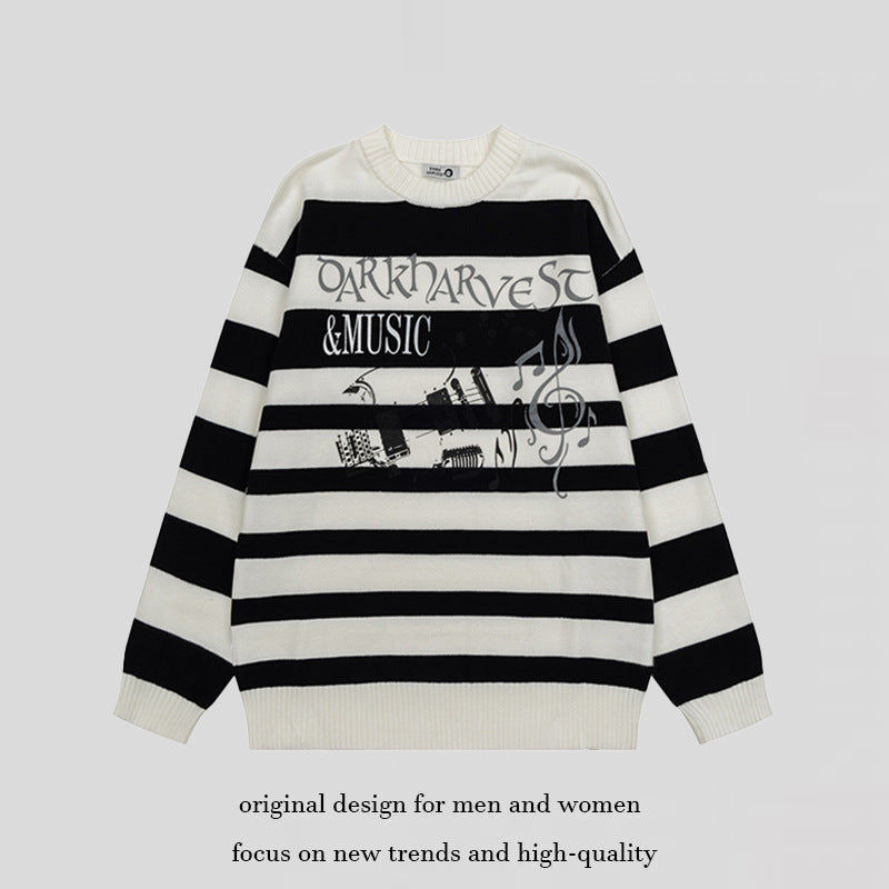Women Striped Oversized Knit Sweater with Round Neck and Music Graphic Mune Fashion