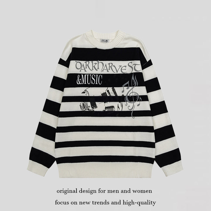 Women Striped Oversized Knit Sweater with Round Neck and Music Graphic Mune Fashion