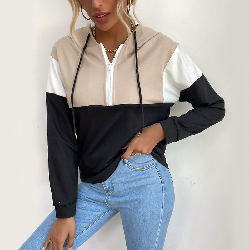 Women's hooded pullover with half zipper, color block design and drawstring Mune Fashion