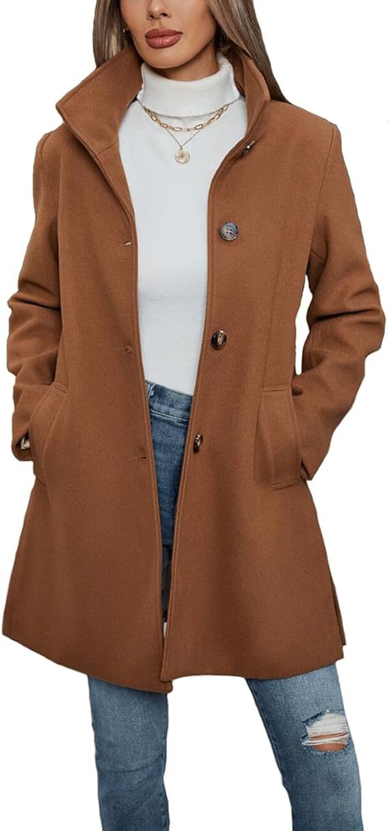Women's Elegant Wool Coat with High Collar and Practical Pockets Mune