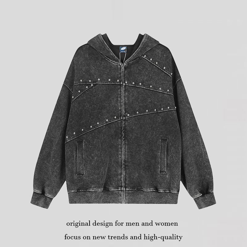 Women's oversized hoodie sweatshirt jacket in used look with stud decoration and full-length zipper Mune Fashion