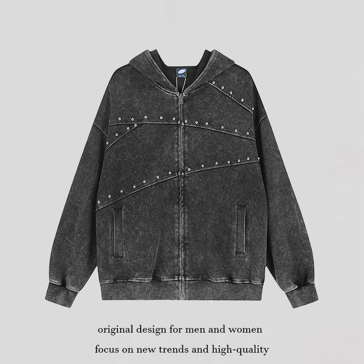 Women's oversized hoodie sweatshirt jacket in used look with stud decoration and full-length zipper Mune Fashion