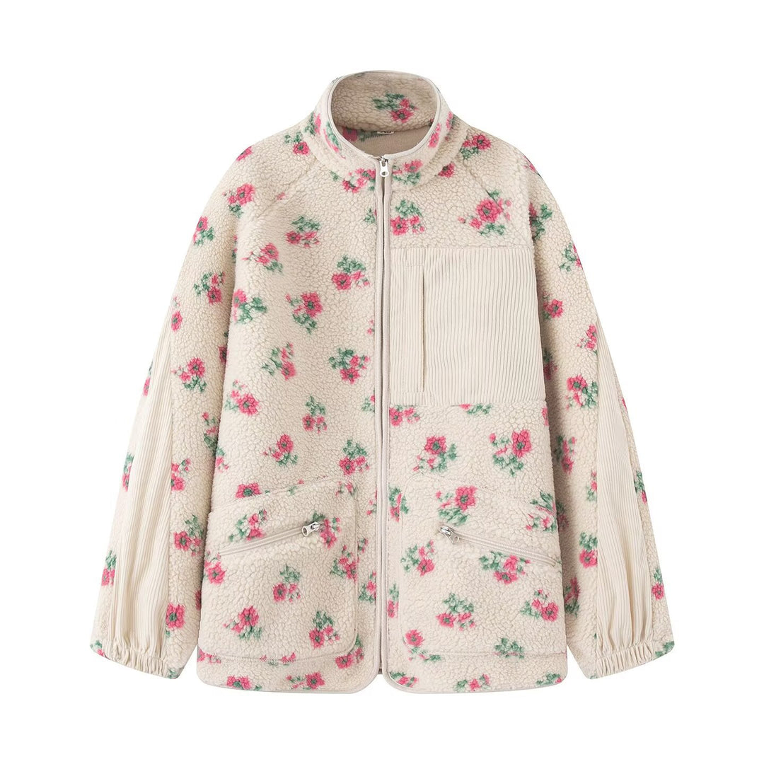 Women's teddy fleece jacket with floral pattern, fine cord inserts, stand-up collar and zip Mune Fashion