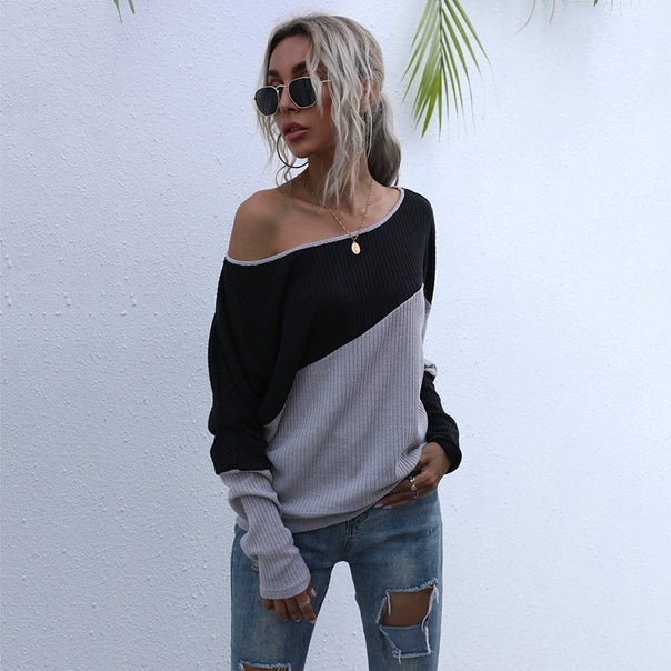 Women Off-Shoulder Ribbed Knit Sweater in Diagonal Color Block with Casual Oversize Fit Mune Fashion