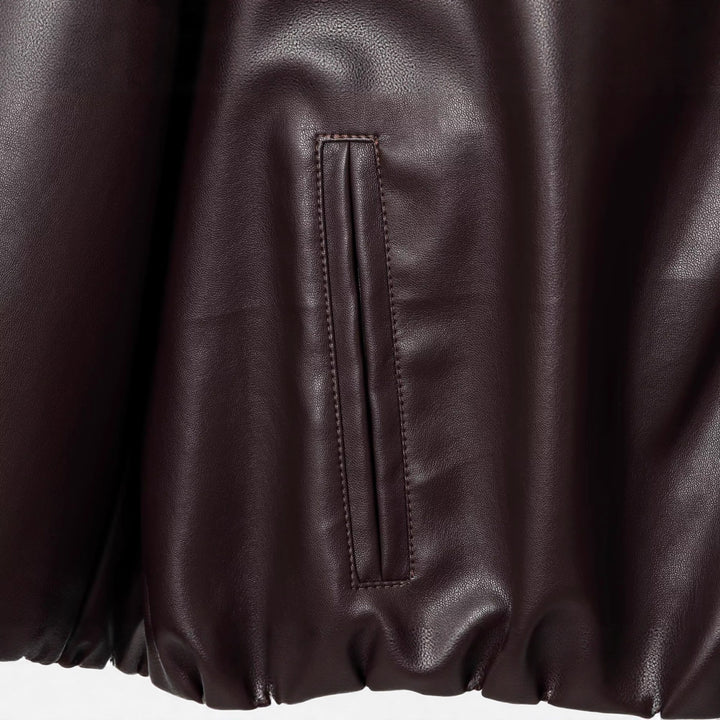 Ladies Boxy Leather Look Bomber Jacket with Concealed Zipper and Elastic Hem Mune Fashion