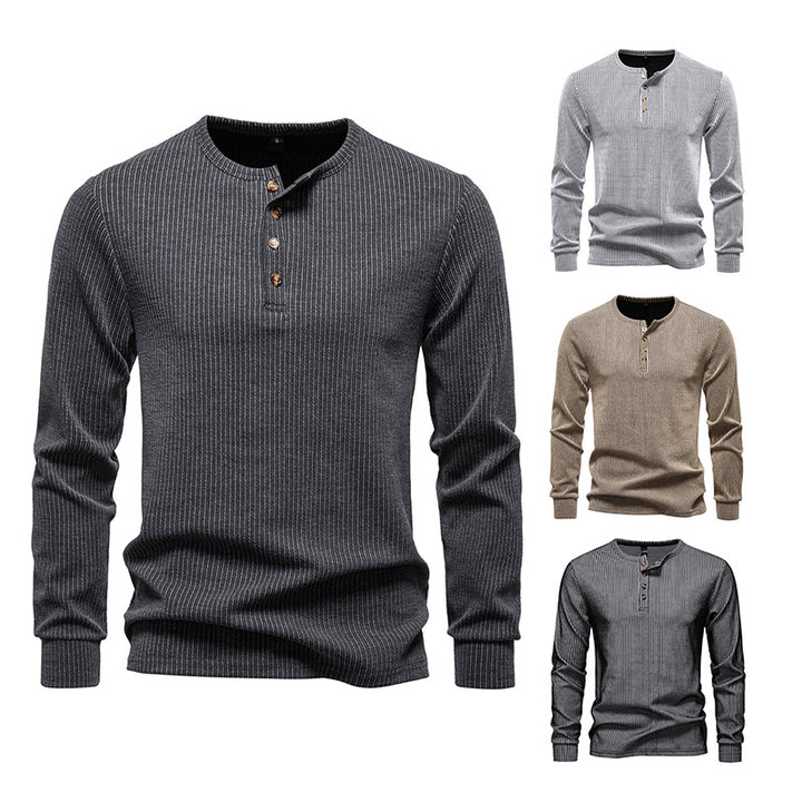 Men's Slim-Fit Ribbed Henley Long Sleeve Sweater with Round Neck and Button Placket Mune Fashion