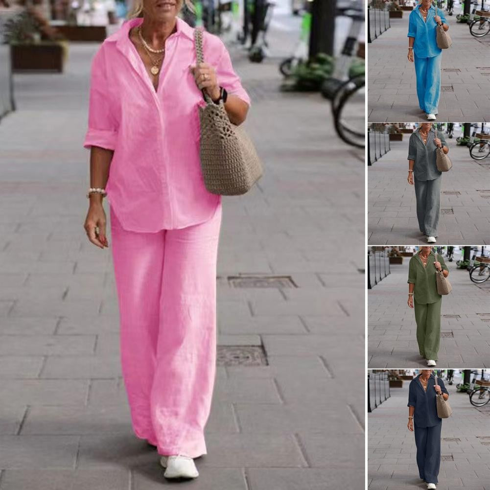 Women's Lightweight Linen Loungewear Set with Open Shirt Collar and Wide Palazzo Pants Mune Fashion