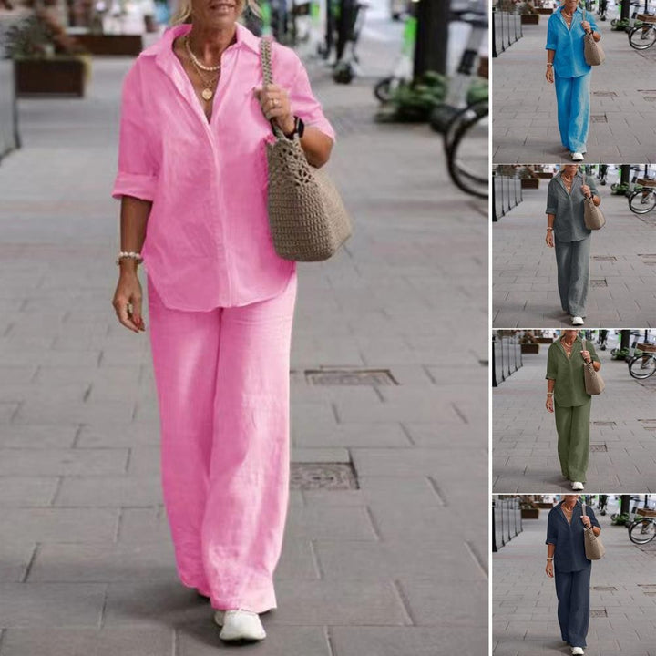 Women's Lightweight Linen Loungewear Set with Open Shirt Collar and Wide Palazzo Pants Mune Fashion