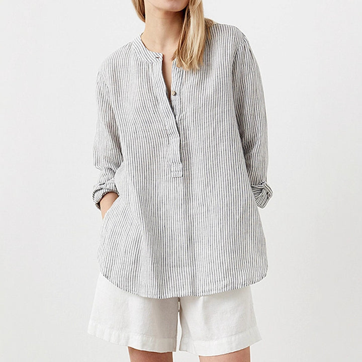 Women Lightweight Striped Tunic Blouse with Stand Collar and High Hem