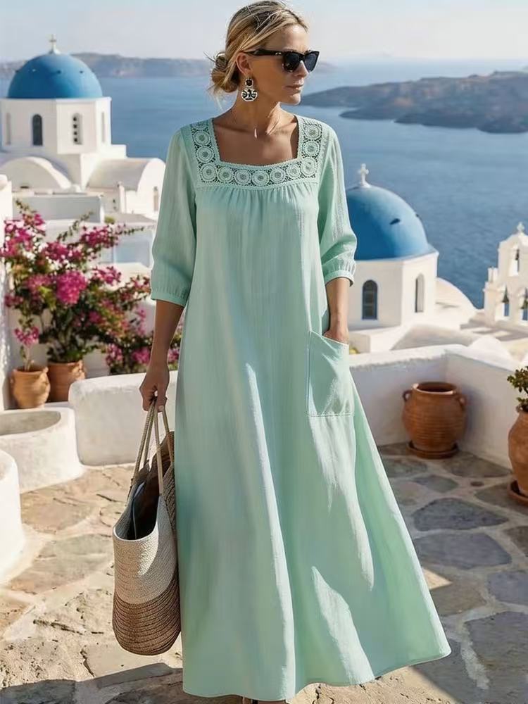 Women's maxi dress with crochet square neckline, three-quarter sleeves, and pocket Mune Fashion