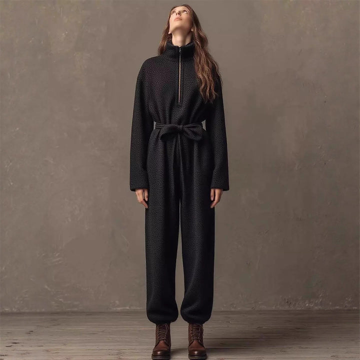 Women's Boucle Jumpsuit with Half Zipper, Waist Belt and Wide Leg Drune