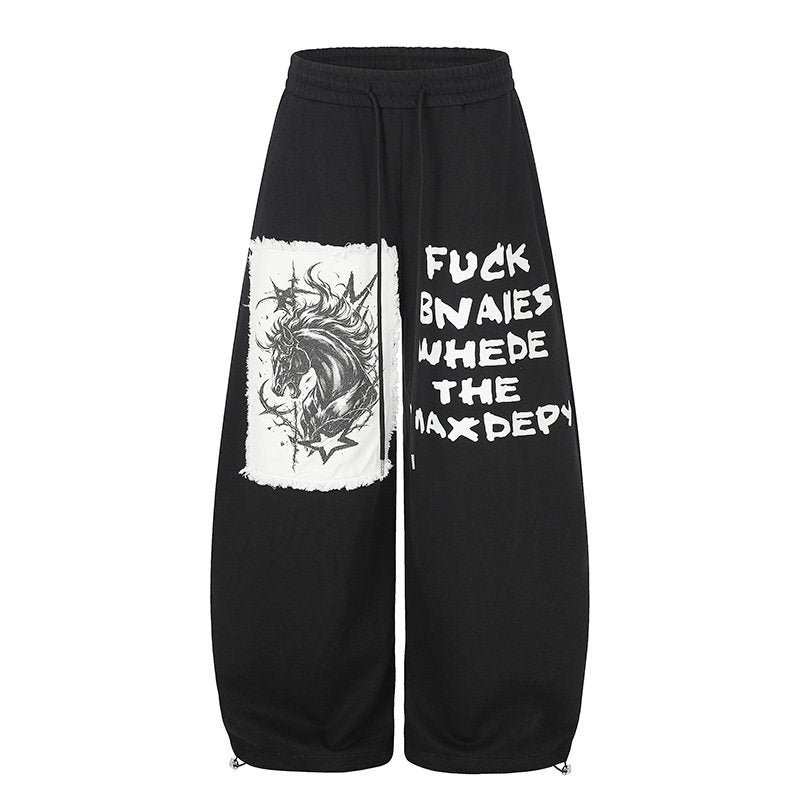Women Extra Wide Palazzo Sweatpants in Street Style with Horse Patch, Drawstring Waistband and Adjustable Hem