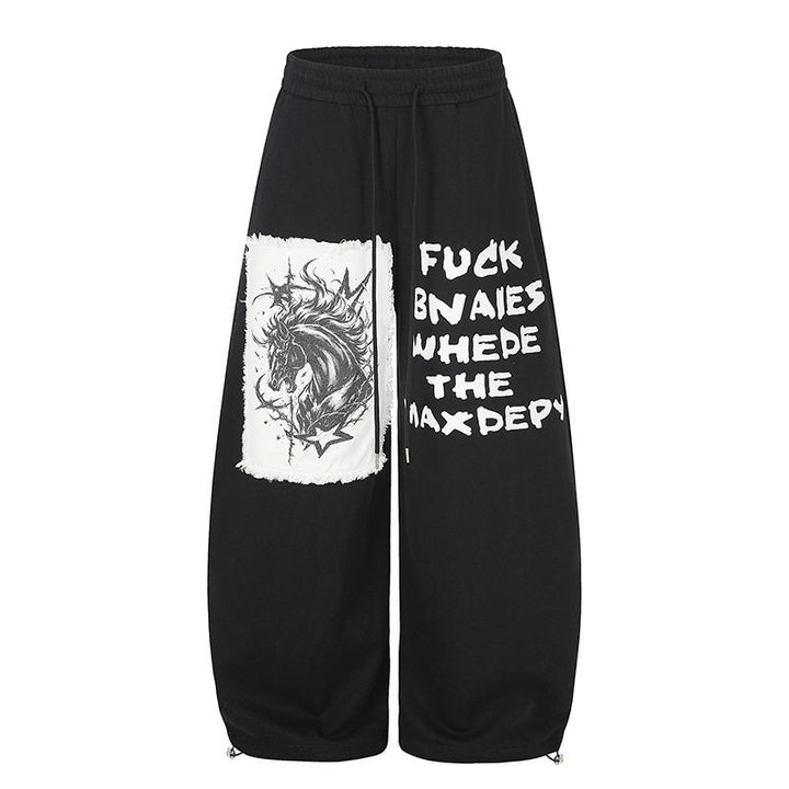 Women Extra Wide Palazzo Sweatpants in Street Style with Horse Patch, Drawstring Waistband and Adjustable Hem