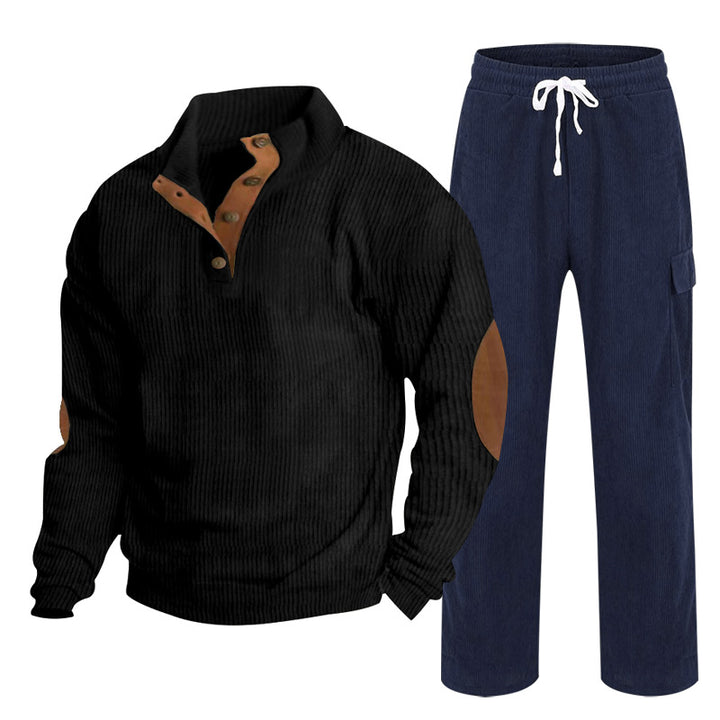 Men's Cozy Leisure Set made of Waffle Knit Henley with Elbow Patch and Relax Cargo Pants Mune Fashion