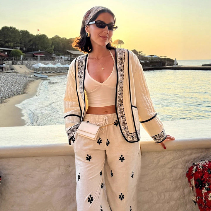 Women Quilted Kimono Cardigan with Geometric Embroidery Mune Fashion