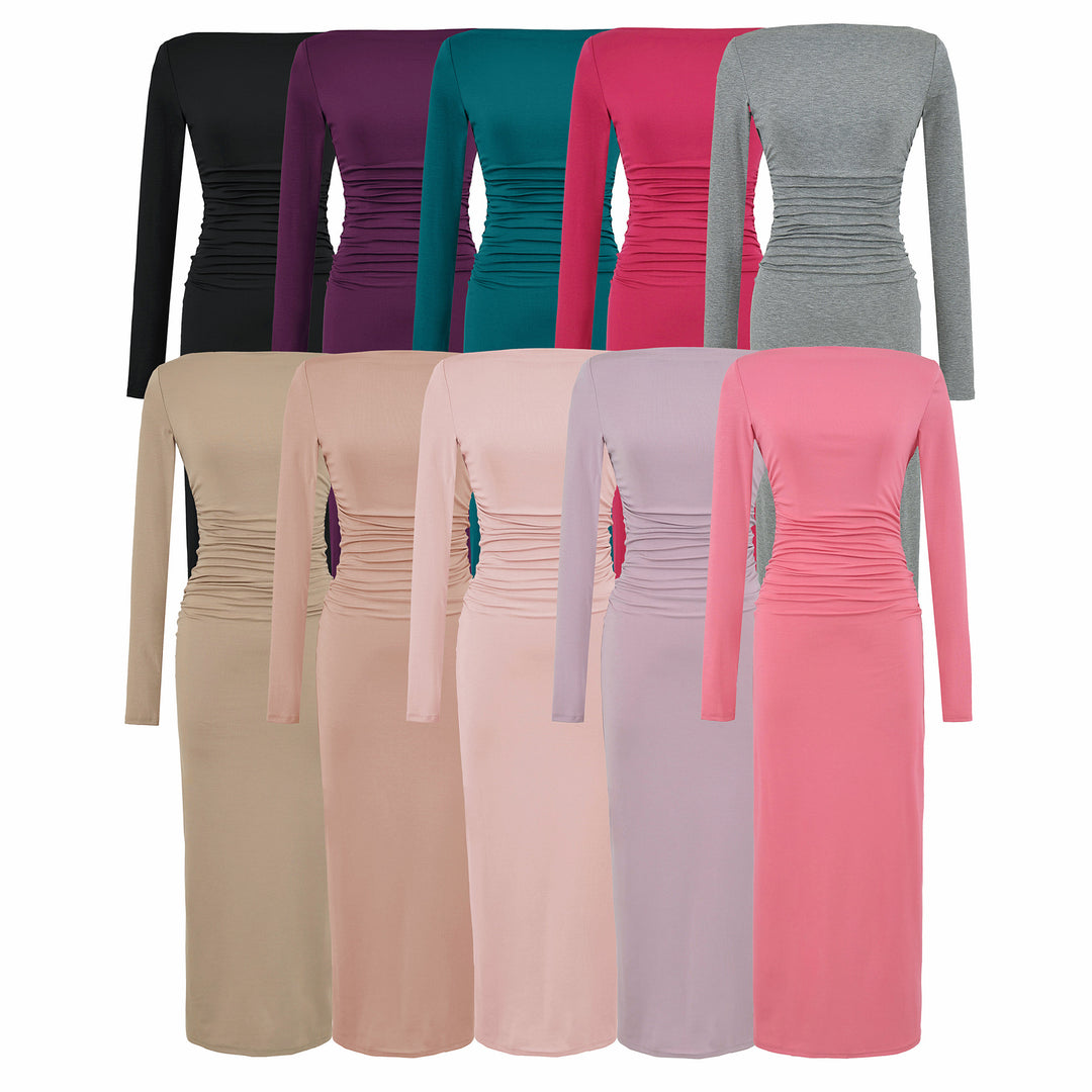 Women One-Shoulder Midi Dress with Long Sleeve and Side Gathering Mune Fashion
