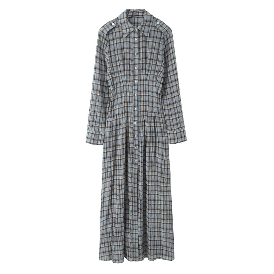 Ladies' maxi dress in shirt blouse style with continuous button placket and tailored pleated section Mune Fashion