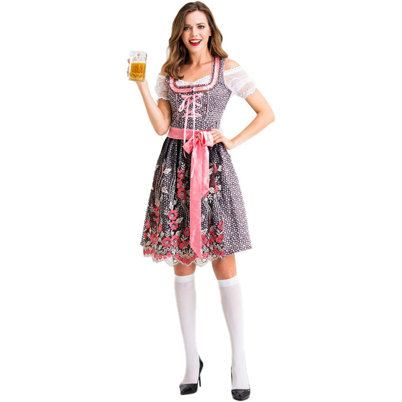 Ladies' traditional short dirndl with lace sleeves, lacing and floral apron Mune Fashion