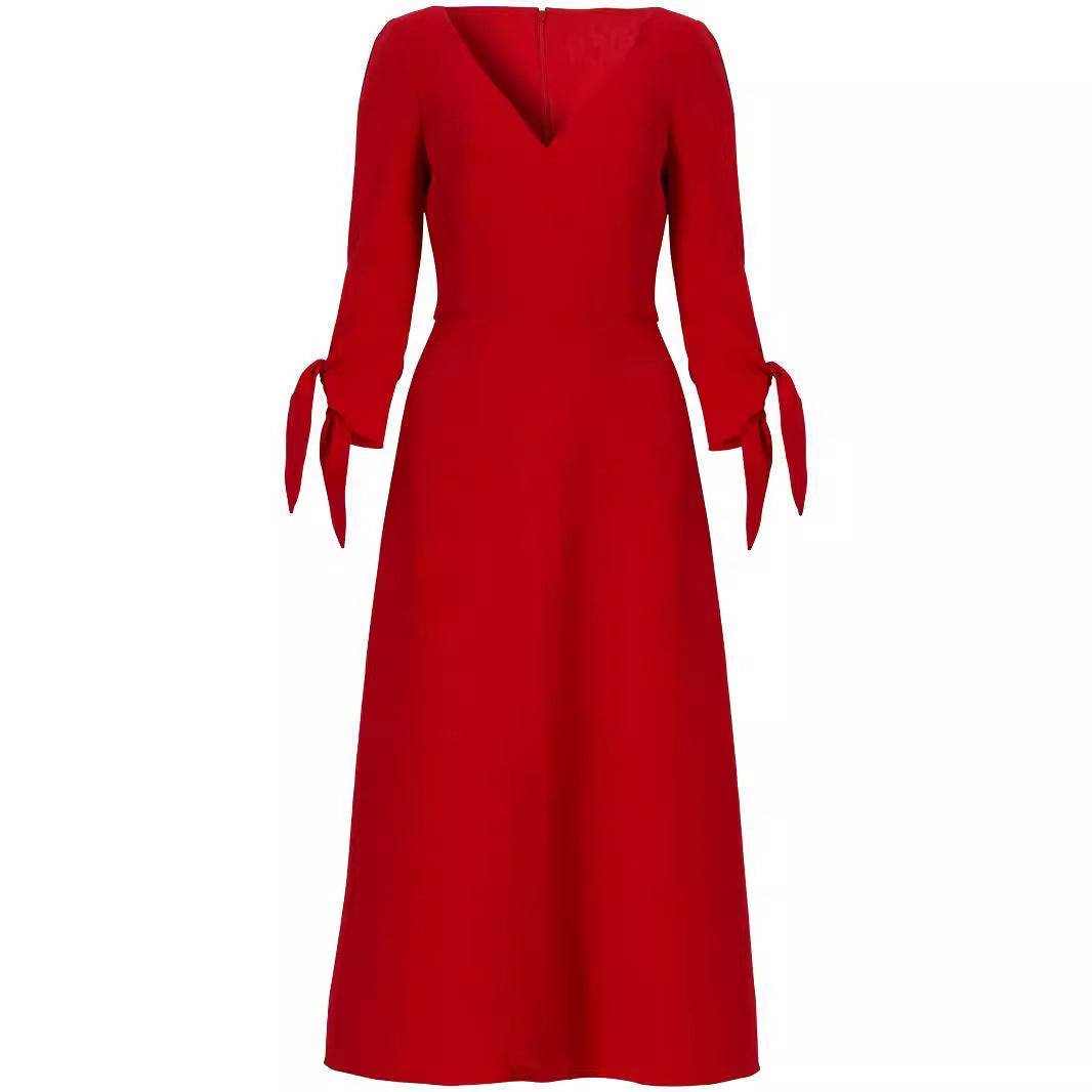 Women's Tailored Midi Dress with V-Neck and Bow Cuffs Mune Fashion