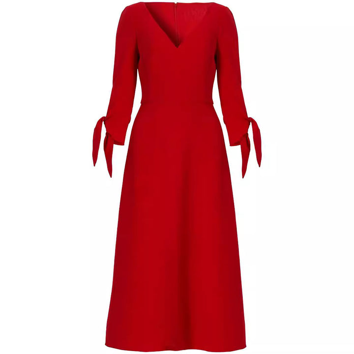 Women's Tailored Midi Dress with V-Neck and Bow Cuffs Mune Fashion