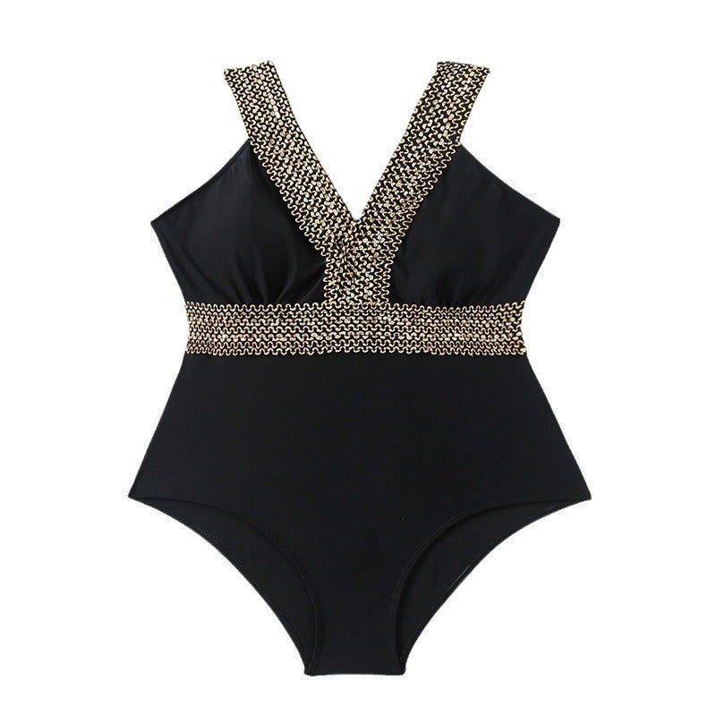 Women's Elegant One-Piece Swimsuit with Luxurious Gold Accent Mune Fashion