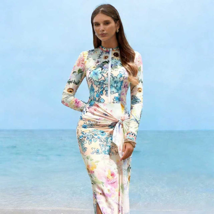 Women's Elegant Long Sleeve Beach Dress with Floral Design Mune Fashion