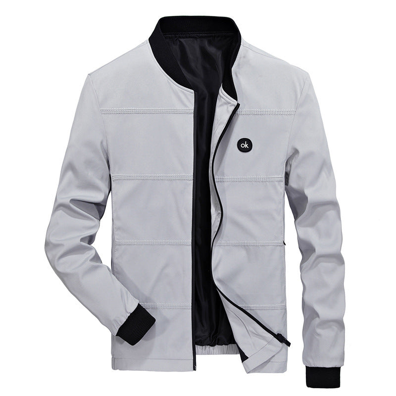 Men's Light Quilted Bomber Jacket with Stand Collar, Elastic Ribbed Cuffs, and Concealed Zipper