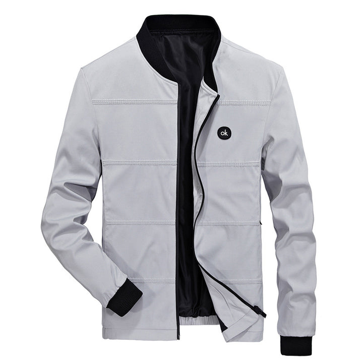 Men's Light Quilted Bomber Jacket with Stand Collar, Elastic Ribbed Cuffs, and Concealed Zipper