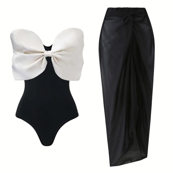 Women's Cut Swimsuit with Voluminous Bow Detail and Elegant Wrap Skirt Mune Fashion