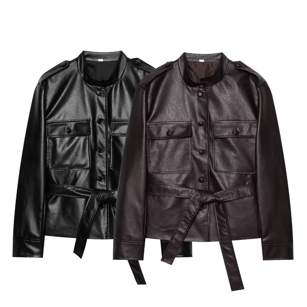 Women's Tailored Faux Leather Safari Jacket with Tie Belt and Flap Pockets Mune Fashion