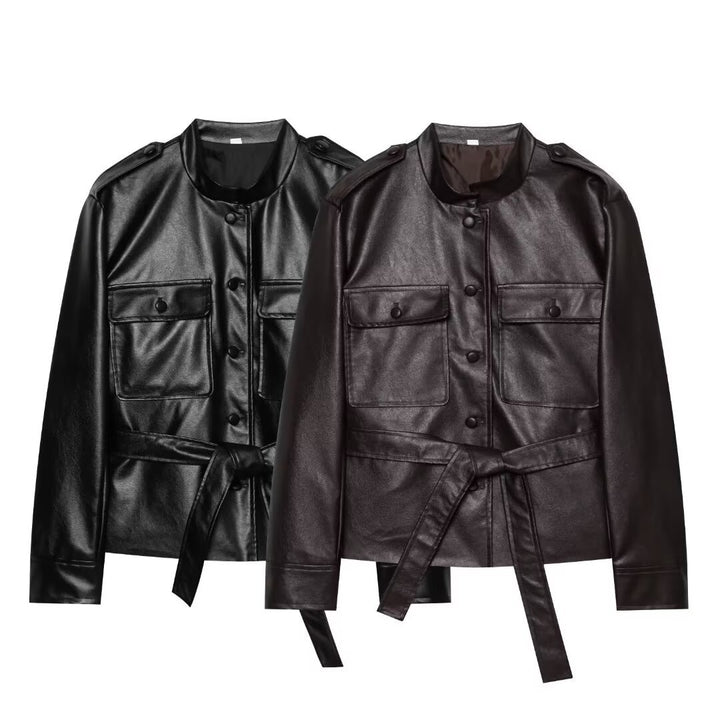 Women's Tailored Faux Leather Safari Jacket with Tie Belt and Flap Pockets Mune Fashion