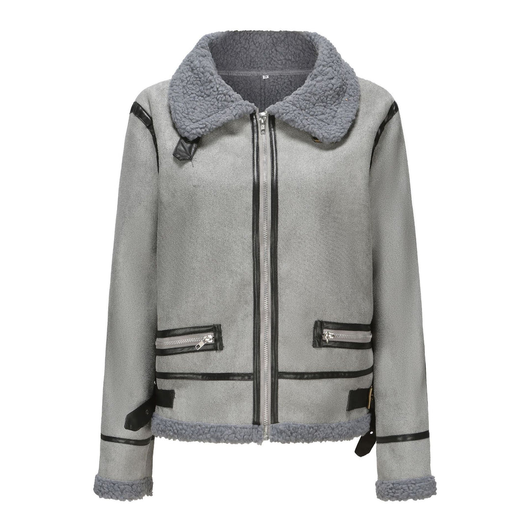 Women Short Cut Aviator Sheepskin Imitation Jacket with Teddy Lining and Faux Leather Trim Mune Fashion