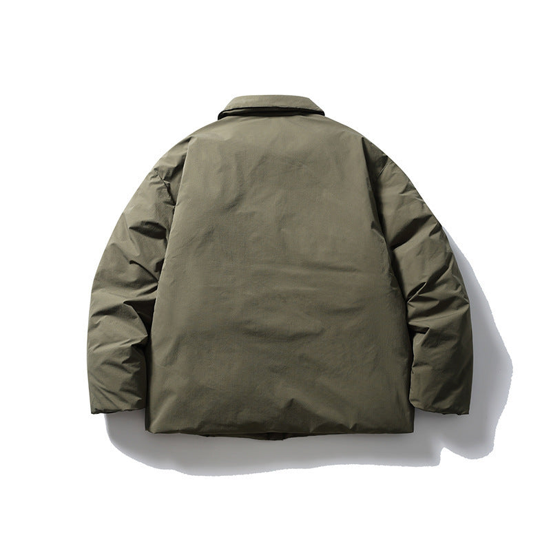 Men's short-cut thermo puffer jacket in boxy cut with shirt collar and concealed snap button placket Mune Fashion