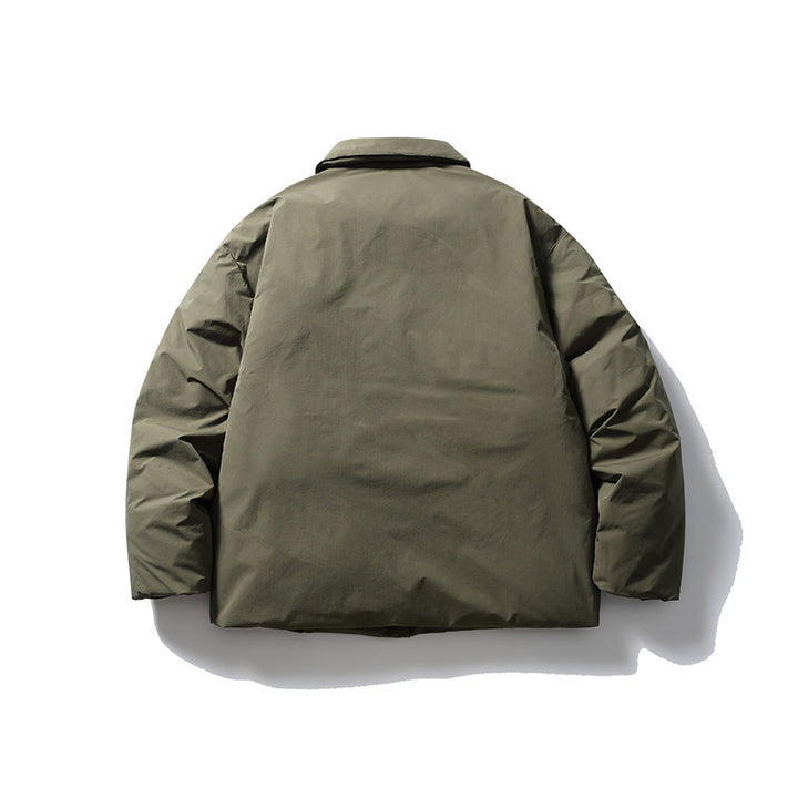 Men's short-cut thermo puffer jacket in boxy cut with shirt collar and concealed snap button placket Mune Fashion