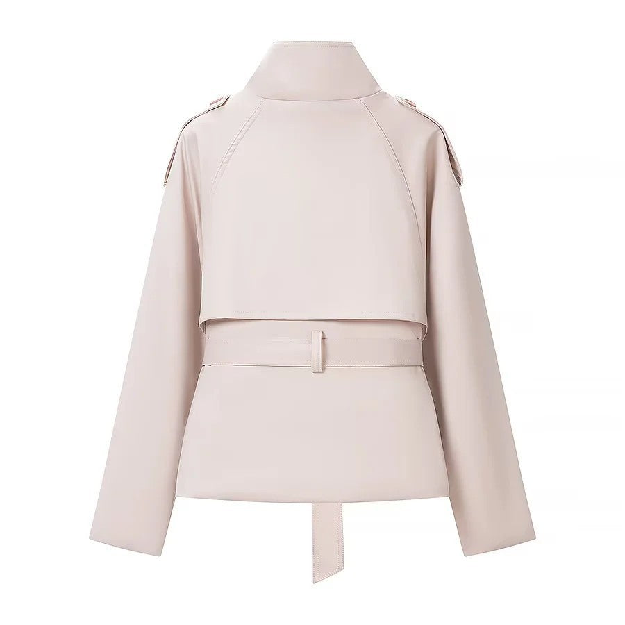 Women's short trench-style jacket with stand-up collar double-breasted and tie belt Mune Fashion