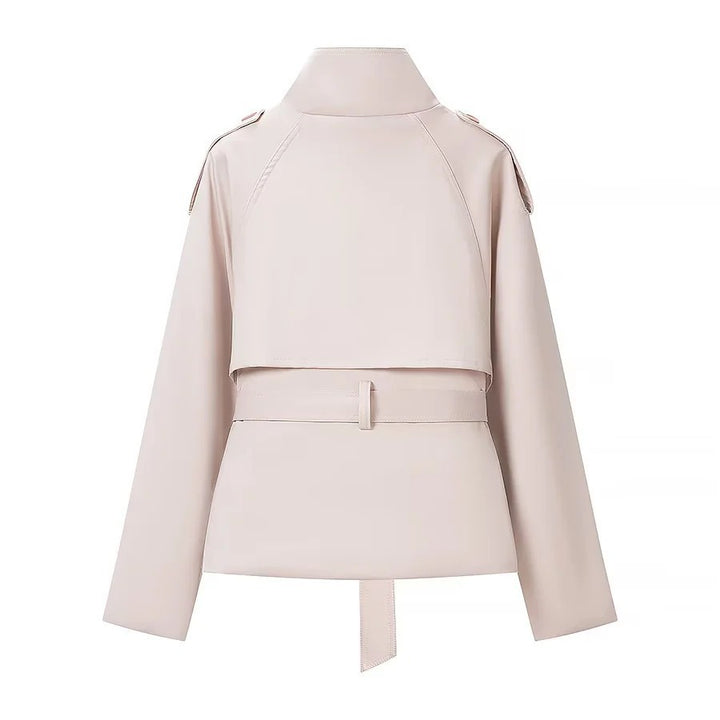 Women's short trench-style jacket with stand-up collar double-breasted and tie belt Mune Fashion