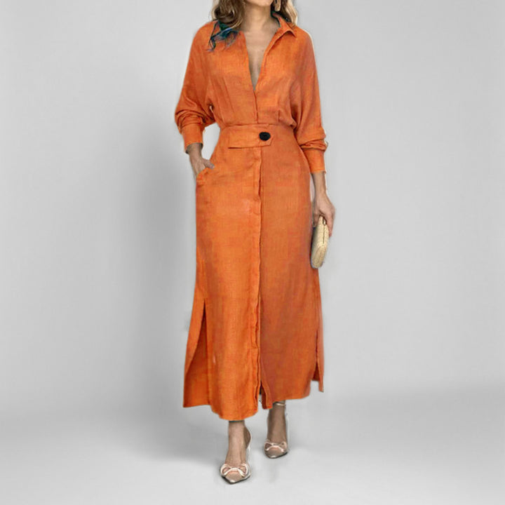 Women’s Linen Maxi Dress with Shirt Collar, Waist Belt and Side Slits Mune Fashion