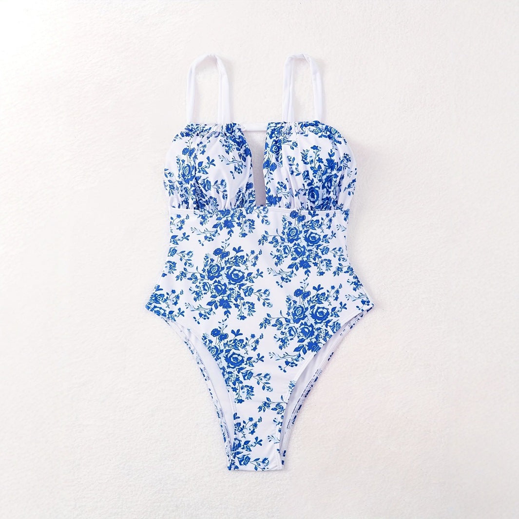 Ladies One-Piece Swimsuit with Floral Design and Deep V-Neck Mune Fashion