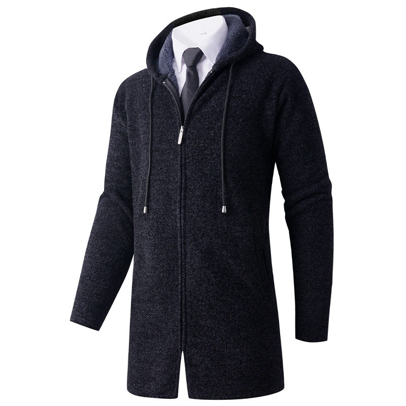 Men's fitted knit coat with hood, full-length zipper and warming teddy lining inside Mune Fashion
