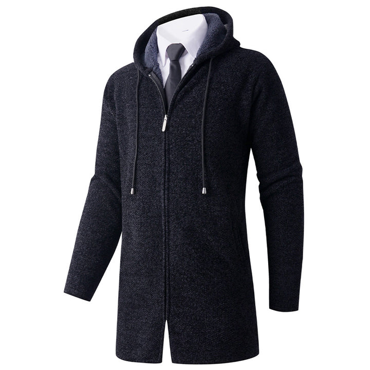 Men's fitted knit coat with hood, full-length zipper and warming teddy lining inside Mune Fashion