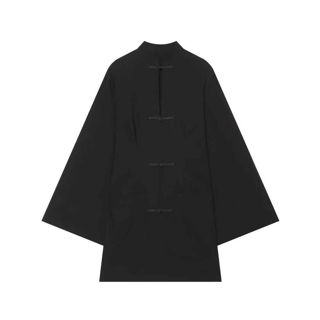 Women's cape coat with stand-up collar, Chinese knot fasteners, and wide kimono sleeves Drune
