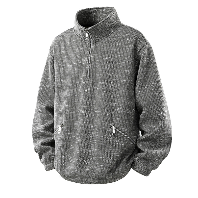Men's Oversized Knit Look Half-Zip Sweater with Stand-Up Collar and Zip Pockets Mune Fashion
