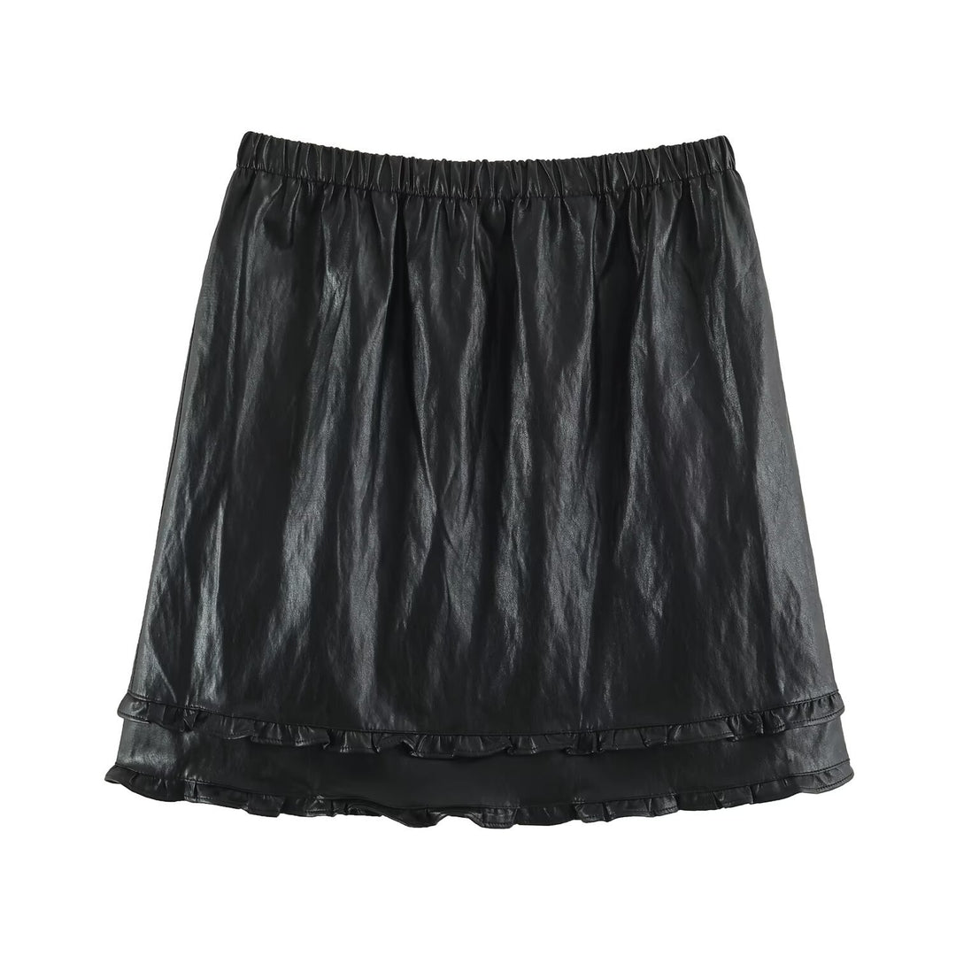 Women’s midi dress made of coated synthetic leather with elastic waistband and double-layered ruffle trim Mune Fashion
