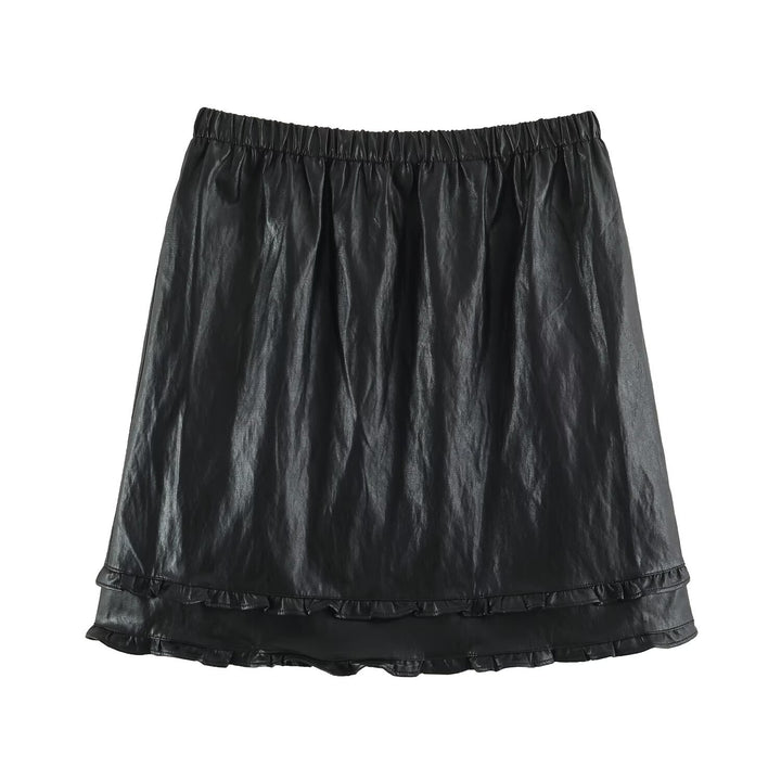 Women’s midi dress made of coated synthetic leather with elastic waistband and double-layered ruffle trim Mune Fashion