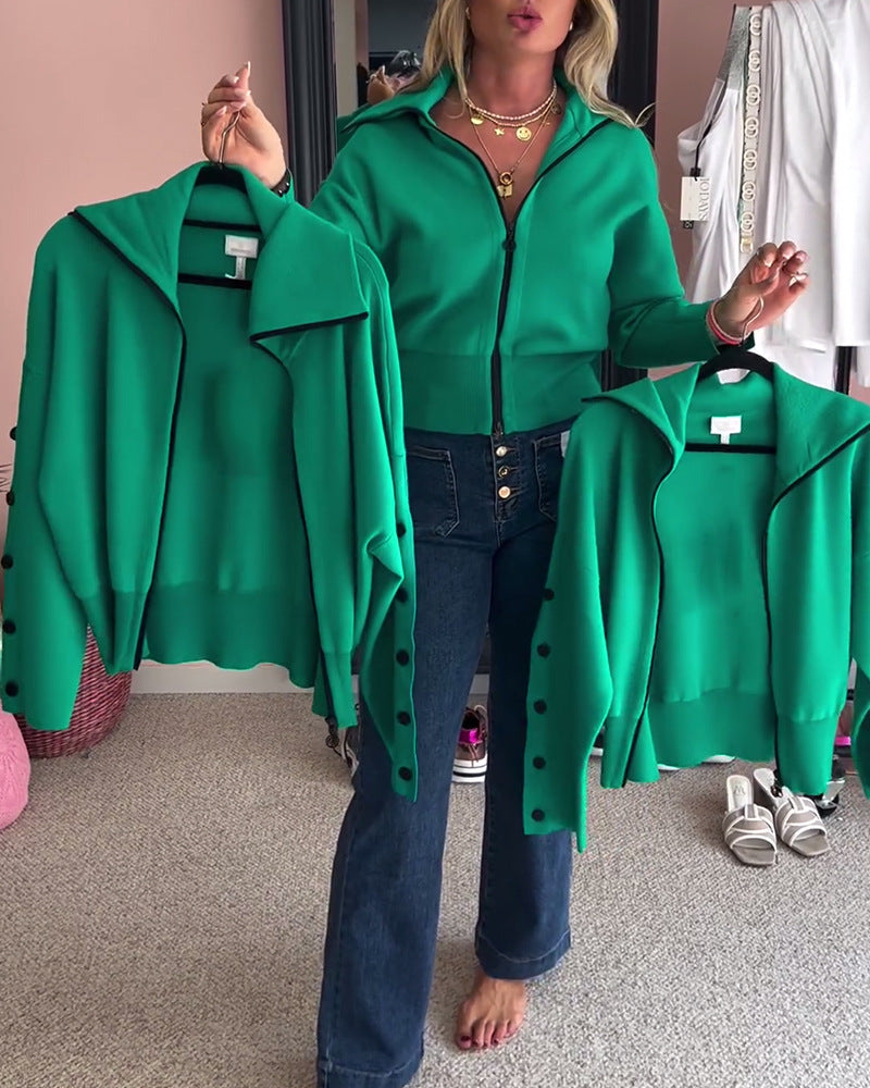 Women's short hooded knitted zip jacket with wide ribbed hem and decorative buttons on sleeves Mune Fashion