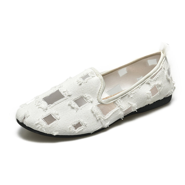 Women's casual slip-on shoes with mesh inserts and frayed denim details Mune Fashion