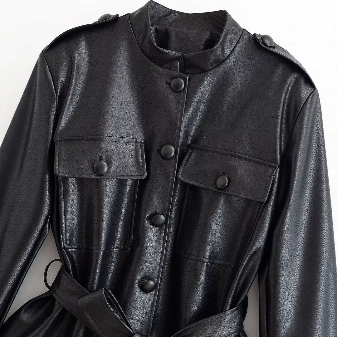 Women's Tailored Faux Leather Jacket with Tie Belt, Stand-Up Collar and Flap Pockets Drune