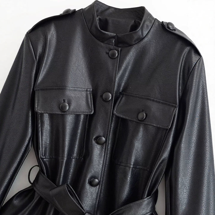 Women's Tailored Faux Leather Jacket with Tie Belt, Stand-Up Collar and Flap Pockets Drune