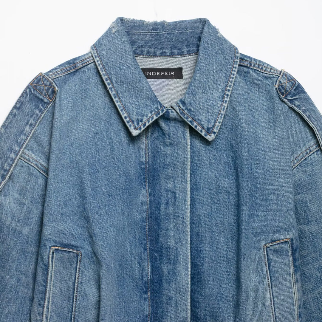 Women's Cropped Denim Jacket with Epaulettes, Concealed Button Placket, and Boxy Silhouette Mune Fashion